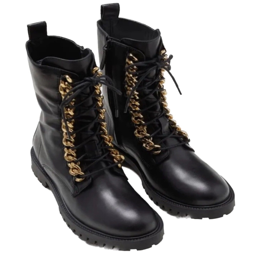 H&M x MOSCHINO Men's gold chain leather combat boots
